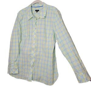 Talbots shirt womens size XL green yellow plaid Classic Cotton button up l/s top